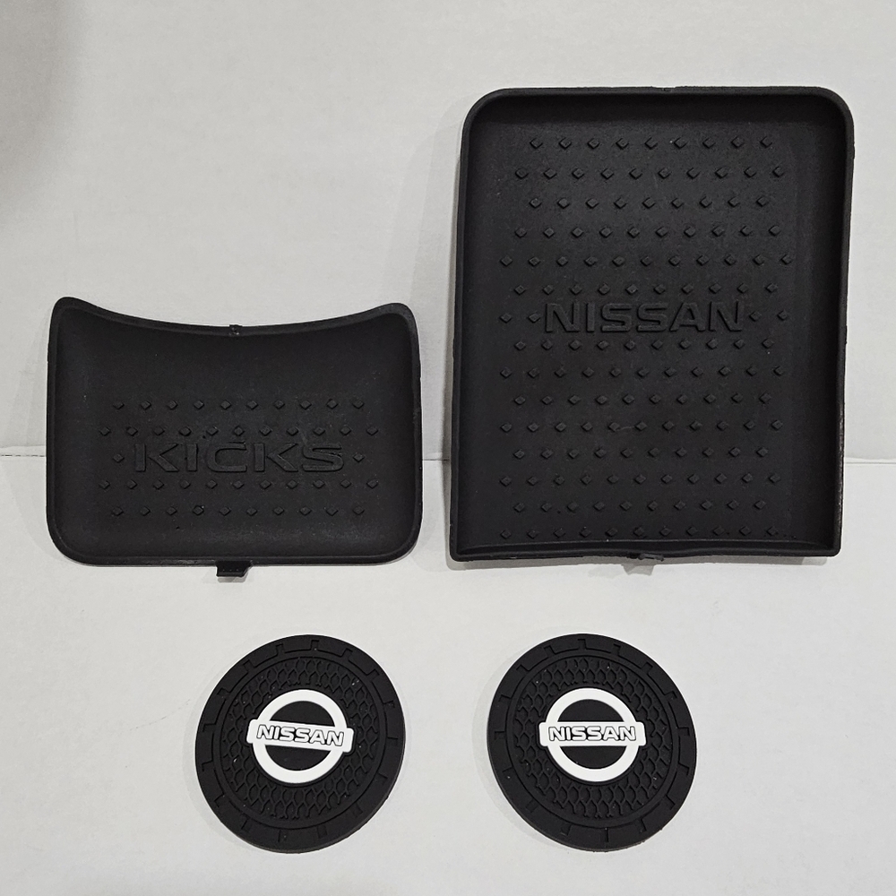 Nissan Kicks Storage Bin Liner (OEM) + Nissan Logo Cup Holder Coasters.
